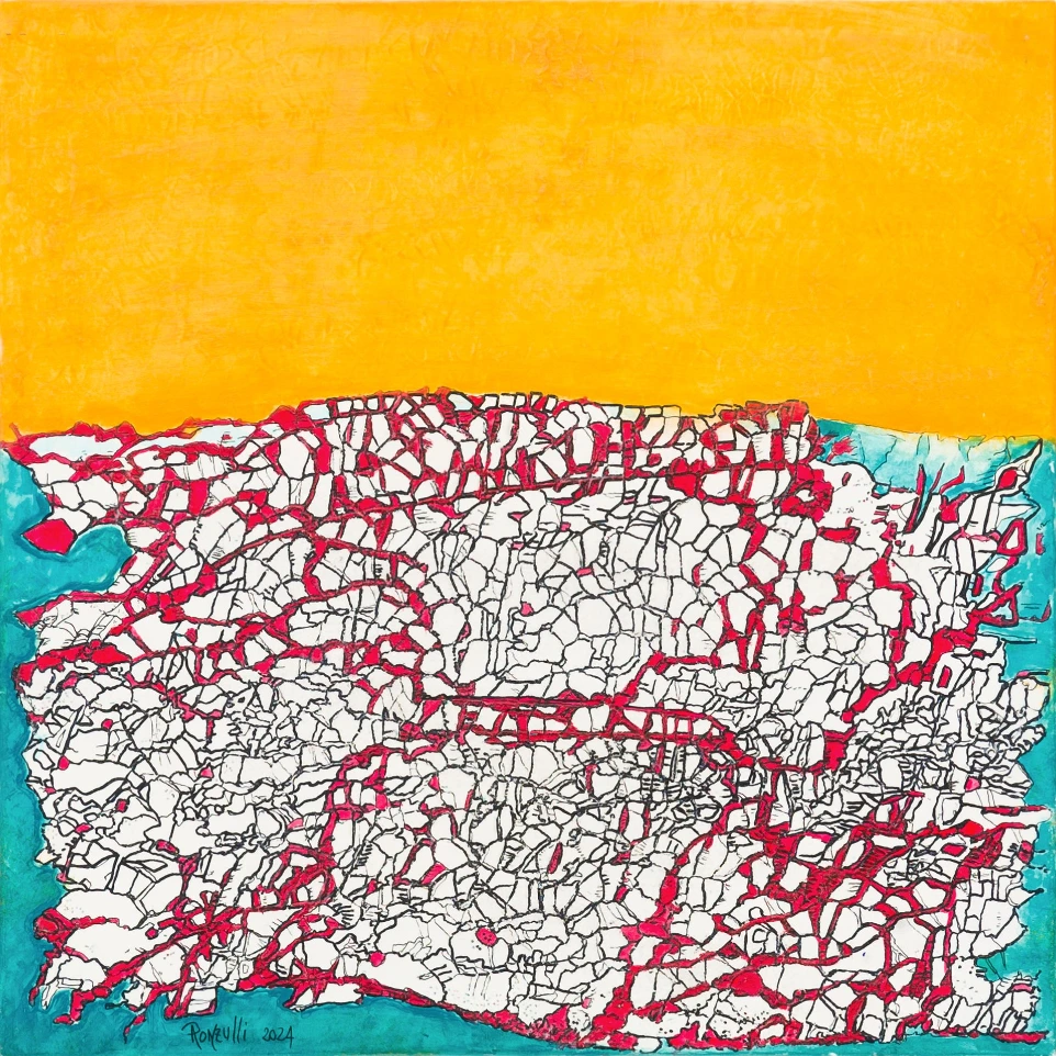 Acrilico e pigmenti naturali su tela, tecnica mista.  Dim. 50 x 50 x 1,5 cm. Collezione RANDOM. Codice 24014