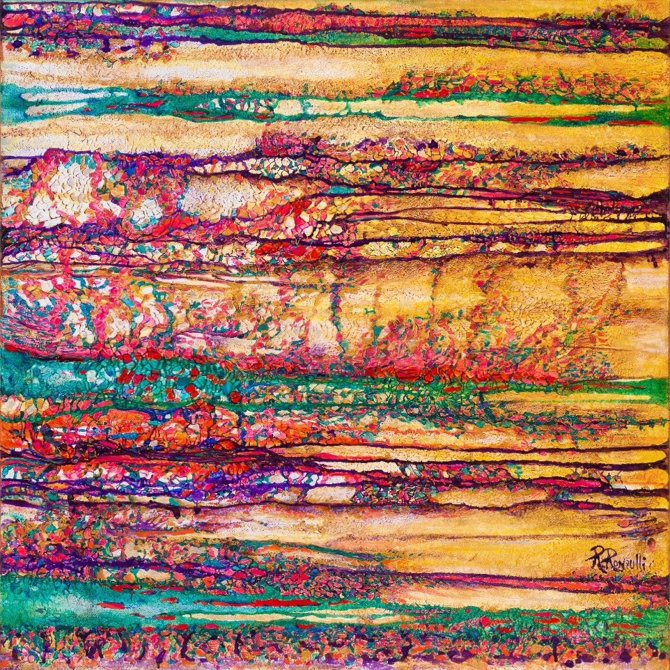 Acrilico e pigmenti naturali su tela, tecnica mista. Dim. 100 x 100 x 2 cm. Collezione HANAMI. Codice 26003
